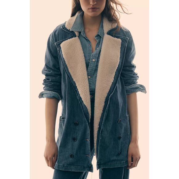 Anthropologie Le Jean Alina Faux Sherpa Coat Size Small Denim Jacket Western - Picture 1 of 10